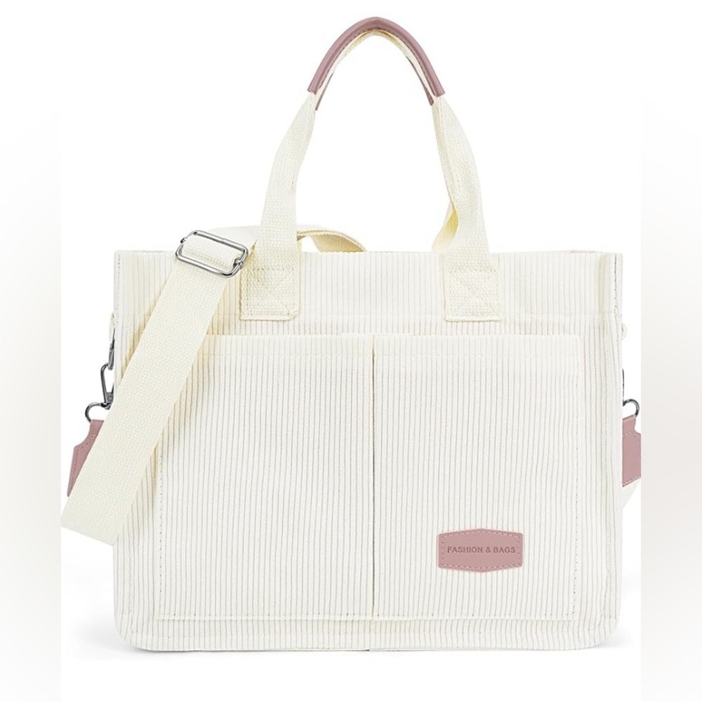 Corduroy Tote - NEW- with Pockets Fashion Crossbody Bag. White.